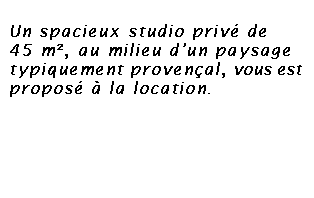 Zone de Texte: Un spacieux studio priv de
45 m, au milieu dun paysage typiquement provenal, vous est propos  la location.

For rental, a spacious 45 m  private studio set in a typical Provencal landscape.

